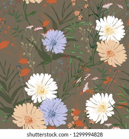 Blossom floral seamless pattern. Blooming botanical motifs scattered random. Trendy color vector texture. Good for fashion. Ditsy print. Hand drawn different wild meadow flowers on brown background