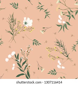 Blossom floral seamless pattern. Blooming botanical motifs scattered random. Trendy colorful vector texture. Good for fashion. Ditsy print. Hand drawn different wild meadow flowers on pink background