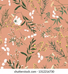 Blossom floral seamless pattern. Blooming botanical motifs scattered random. Trendy colorful vector texture. Good for fashion. Ditsy print. Hand drawn different wild meadow flowers on pink background
