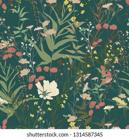 Blossom floral seamless pattern. Blooming botanical motifs scattered random. Trendy colorful vector texture. Fashion, ditsy print, fabric. Hand drawn different wild meadow flowers on green background