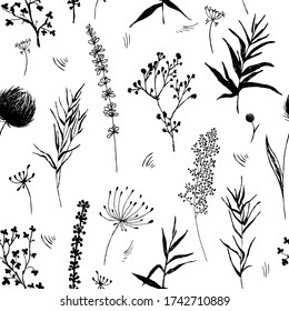 Patrón floral sin costuras. Motivos botánicos florecientes esparcidos al azar. Patrón vectorial monocromo. Huella de moda. Esbozo dibujado a mano flores pradera silvestres en fondo blanco