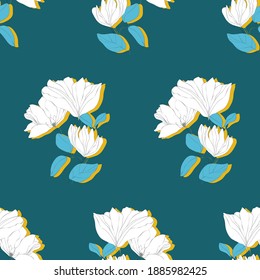 Patrón floral sin costuras. Motivos botánicos florecientes con siluetas amarillas. Textura vectorial de color para moda, tela, papel pintado, impresión. Flores blancas dibujadas a mano con fondo azul