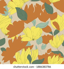 Patrón floral sin costuras. Motivos botánicos florecientes con siluetas en el fondo de la luz. Textura vectorial de color para moda, tela, papel pintado, impresión. Flores amarillas dibujadas a mano sobre fondo beige