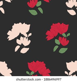 Patrón floral sin costuras. Motivos botánicos florecientes con siluetas sobre un fondo oscuro. Textura vectorial de color para moda, tela, papel pintado, impresión. Flor dibujada a mano sobre fondo negro