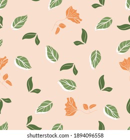 Patrón floral sin costuras. Elementos botánicos florecientes dispersos al azar. Flores anaranjadas dibujadas a mano y hojas sobre fondo rosado. Textura vectorial de color para moda, tela, papel pintado, impresión. 