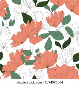 Blossom floral seamless pattern. Blooming botanical motifs scattered random. Hand drawn pink flowers with leaves on white background. Color vector texture for fashion, fabric, wallpaper, print. 