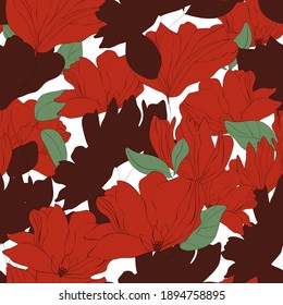 Patrón floral sin costuras. Motivos botánicos florecientes esparcidos al azar. Flores rojas dibujadas a mano con hojas sobre fondo blanco. Textura vectorial de color para moda, tela, papel pintado, impresión. 