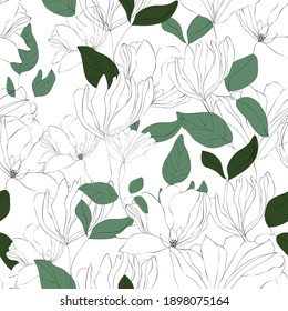 Blossom floral seamless pattern. Blooming botanical motifs scattered random. Hand drawn flowers with leaves on white background. Color vector texture for fashion, fabric, wallpaper, print. 