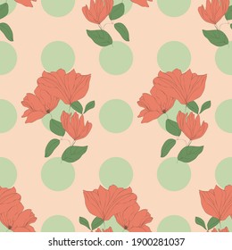 Blossom florales nahtloses Muster. Blühende botanische Motive verstreut zufällig. Handgezeichnete rosafarbene Blumen mit Skizzenziehblättern auf Polka-Punkte-Hintergrund. Farbvektorstruktur 