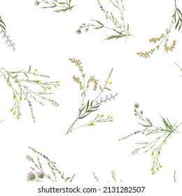 Blossom floral seamless pattern. Blooming botanical motifs scattered random. Trendy colorful vector texture. Fashion, ditsy print, fabric. Hand drawn different wild meadow flowers on white background