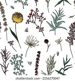 Blossom floral seamless pattern. Blooming botanical motifs scattered random. Trendy colorful vector texture. Good for fashion. Ditsy print. Hand drawn ink sketch wild meadow flowers background