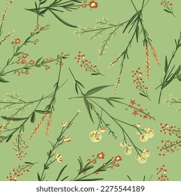 Blossom floral seamless pattern. Blooming botanical motifs scattered random. Trendy colorful wildflower vector texture. Ditsy print, fabric. Handdrawn different wild meadow flowers on green background