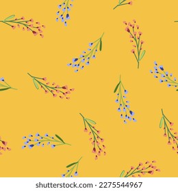 Blossom floral seamless pattern. Blooming botanical motifs scattered random. Trendy colorful wildflower vector texture. Ditsy print, fabric. Hand drawing different wild meadow flowers on yellow