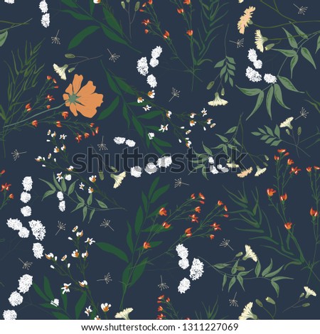 Blossom floral seamless pattern. Blooming botanical motifs scattered random. Trendy colorful vector texture. Good for fashion. Ditsy print. Hand drawn different wild meadow flowers on blue background
