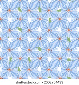 Blossom floral seamless pattern. Blue Vintage background. Blooming realistic isolated flowers. Hand drawn vector 