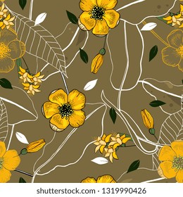 Blossom floral seamless pattern of chamomile and daisy. Vintage background. Blooming realistic isolated flowers. Hand drawn vector illustration.