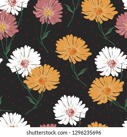 Blossom floral seamless pattern with daisy. Blooming botanical motifs scattered random. Color vector texture for fashion, fabric, wallpaper, print. Hand drawn flower on black background with polka dot