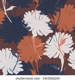 Blossom floral seamless pattern with daisy. Blooming botanical motifs scattered random. Color vector texture for fashion, fabric, wallpaper, print. Hand drawn silhouettes flowers on brown background