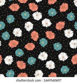 Blossom floral seamless pattern with daisy. Blooming botanical motifs scattered random. Color vector texture for fashion, fabric, wallpaper, print. Hand drawn flower on black polka dots background