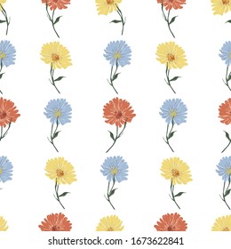 Blossom floral seamless pattern with daisy. Colorful vector texture for fashion, fabric, wallpaper, print. Hand drawn flower on white background