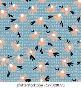Blossom floral seamless pattern with daisy. Blooming botanical motifs scattered random. Color vector texture for fashion, fabric, wallpaper. Hand drawn pink flowers on blue polka dots background