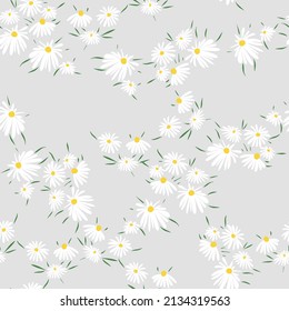 Patrón floral sin fisuras con margarita. Motivos botánicos florecientes esparcidos al azar. Textura vectorial de color para moda, tela, papel pintado, impresión. Flores abstractas dibujadas a mano sobre fondo gris
