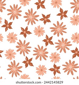 Blossom floral seamless pattern with daisy. Blooming botanical motifs scattered random. Pink and red color vector texture for fashion, fabric, wallpaper, print. Hand drawn flower on white background