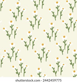 Blossom floral seamless pattern with daisy. Blooming botanical motifs scattered random. White chamomile vector texture for fashion, fabric, wallpaper, print. Hand drawn flower on beige background