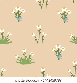 Blossom floral seamless pattern with daisy. Blooming botanical motifs scattered random. White chamomile vector illustration. Fashion, fabric, wallpaper, print. Hand drawn flower on beige background