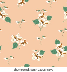 Blossom floral seamless pattern. Doodle abstract flowers with leaves scattered random. Trendy color vector texture. Good for fashion prints, fabric, design. Hand drawn white flowers on pink background