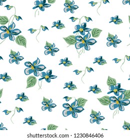 Blossom floral seamless pattern. Doodle abstract flowers with leaves scattered random. Trendy color vector texture. Good for fashion prints, fabric, design. Hand drawn blue flowers on white background