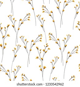 Blossom floral seamless pattern. Doodle abstract branches scattered random. Trendy color vector texture. Good for fashion prints, fabric, design. Hand drawn small yellow flowers on white background