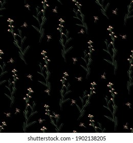 Blossom floral seamless pattern. Doodle abstract branches scattered random. Trendy vector texture. Fashion prints, fabric, design. Hand drawn small flowers on black background