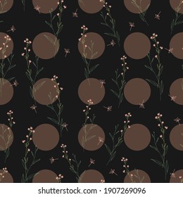 Blossom floral seamless pattern. Doodle abstract branches scattered random. Trendy vector texture. Fashion prints, fabric, design. Hand drawn small flowers on black polka dots background