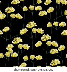 Blossom floral seamless pattern. Doodle abstract branches scattered random. Trendy vector texture. Fashion prints, fabric, design. Hand drawn small white and yellow flowers on black background
