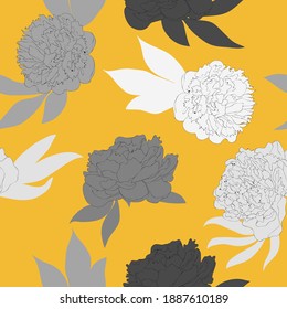 Patrón floral sin costuras. Flores de peonía gris con hojas dispersas al azar. Textura vectorial abstracta de moda. Bueno para impresiones de moda, tela, diseño. Flores dibujadas a mano sobre fondo amarillo