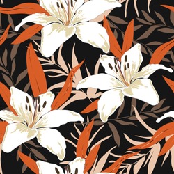 Blossom Floral Seamless Pattern. Lily Flowers With Branches And Leaves Scattered Random. Trendy Abstract Vector Texture. Good For Fashion Prints, Fabric, Design. Hand Drawn Flowers On Black Background