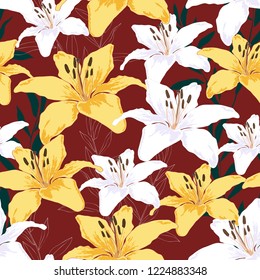 Blossom floral seamless pattern. Lily flowers with branches and leaves scattered random. Trendy abstract vector texture. Good for fashion prints, fabric, design. Hand drawn flowers on red background