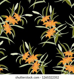 Blossom floral seamless pattern. Lily flowers, branches, leaves scattered random. Trendy abstract vector texture. Good for fashion print, fabric, design. Hand drawn orange flowers on black background