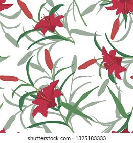 Blossom floral seamless pattern. Lily flowers with branches and leaves scattered random. Trendy abstract vector texture. Good for fashion prints, fabric, design. Hand drawn flowers on white background