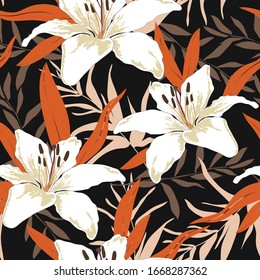 Blossom floral seamless pattern. Lily flowers with branches and leaves scattered random. Trendy abstract vector texture. Good for fashion prints, fabric, design. Hand drawn flowers on black background