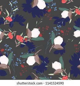 Blossom floral seamless pattern with magnolia buds, many other flowers. Blooming botanical motifs scattered random. Color vector texture. Good for fashion prints. Hand drawn flowers with leaves 