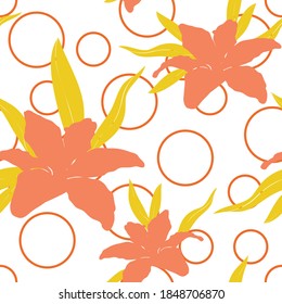 Blossom floral seamless pattern. Silhouette lily flowers scattered random. Trendy abstract vector texture. Good for fashion prints, fabric, design. Hand drawn flowers on polka dots white background