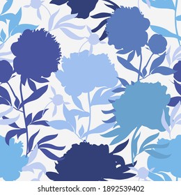 Blossom floral seamless pattern. Silhouette peony in pastel colors with leaves scattered random. Abstract vector texture. Good for fashion prints, fabric, design. Hand drawn flowers on blue background