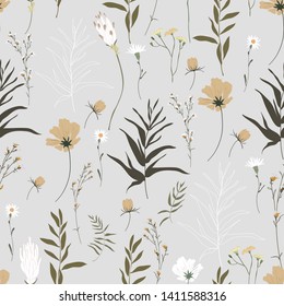 Blossom floral seamless pattern. Trendy colorful vector texture. Blooming botanical motifs scattered random. Good for fashion. Ditsy print. Hand drawn different wild meadow flowers on grey background