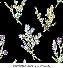 Blossom floral seamless pattern. Trendy field colorful vector texture. Blooming botanical little motifs scattered random. Ditsy print. Hand drawn artistic small meadow wildflowers on black background