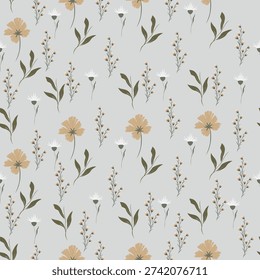 Blossom floral seamless pattern. Trendy colorful vector texture. Blooming botanical motifs scattered random. Good for fashion. Ditsy print. Hand drawn different wild meadow flowers on grey background