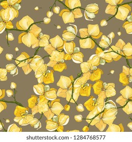 Blossom Floral seamless pattern. Wallpaper with orchid. Blooming realistic isolated flowers. Hand drawn vector illustration.