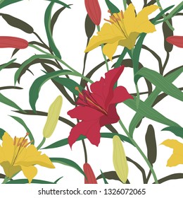 Blossom floral seamless pattern. Yellow and red lily branches, leaves scattered random. Trendy abstract vector texture. Good for fashion prints, fabric, design. Hand drawn flowers on white background
