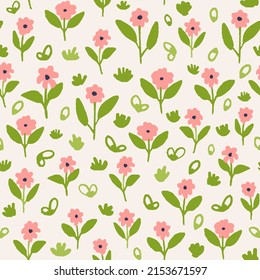 Blossom floral seamless repeat pattern. Random placed, vector flowers with leaves botanical all over surface print on white background. 